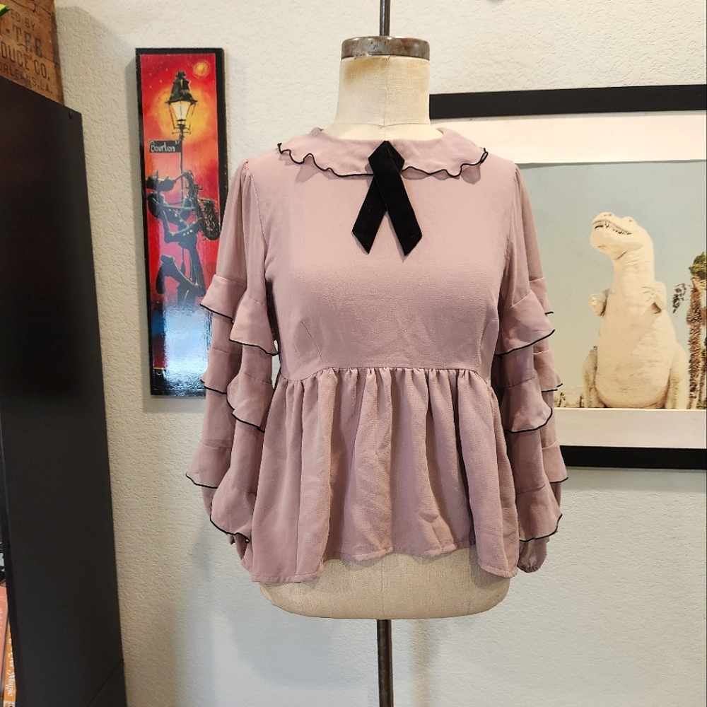 For Love And Lemons Mauve Ruffle Blouse with Black Bow